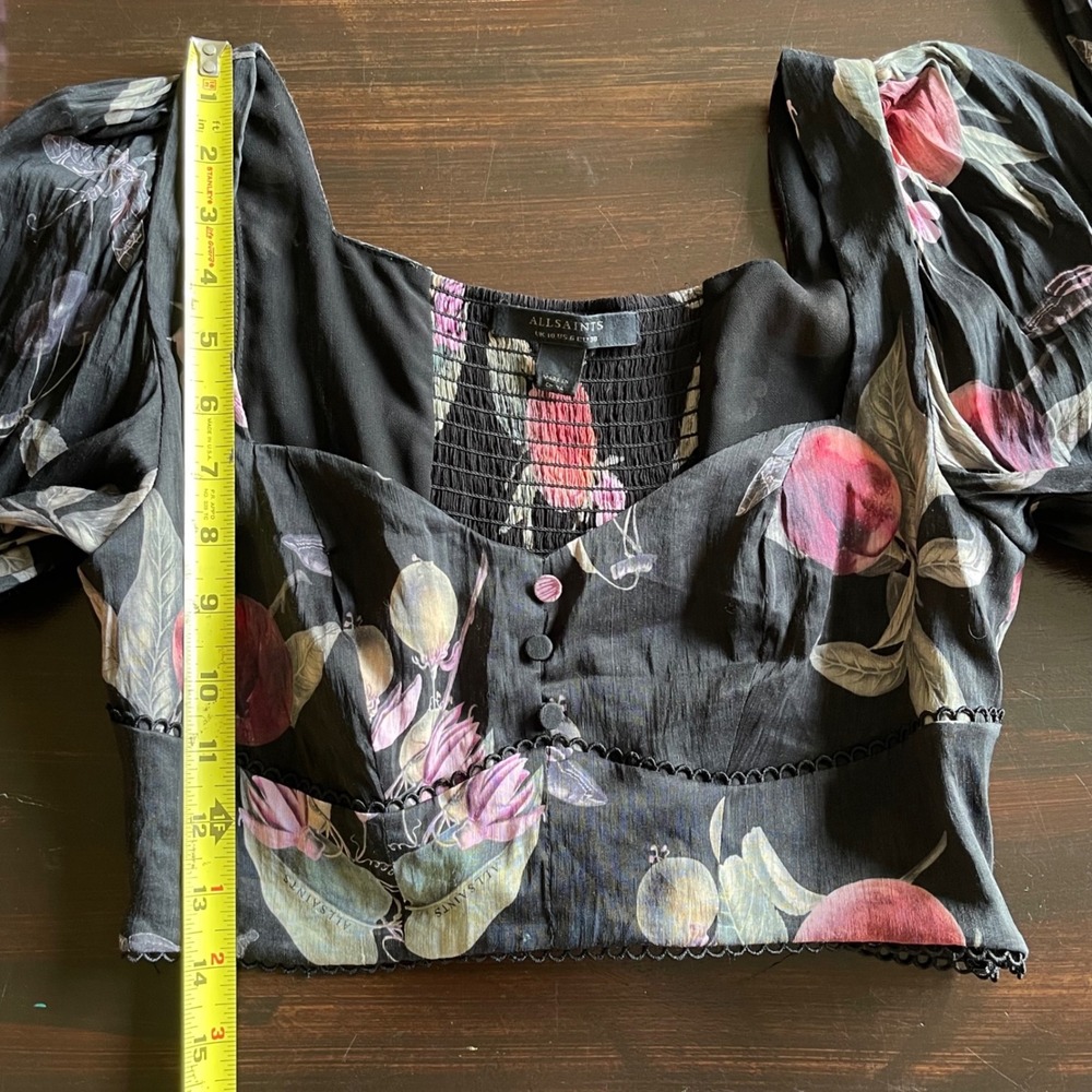 AllSaints Ria Soleil Top Black Garden Floral Linen Silk Crop Blouse US 6 UK 10 - Picture 9 of 9